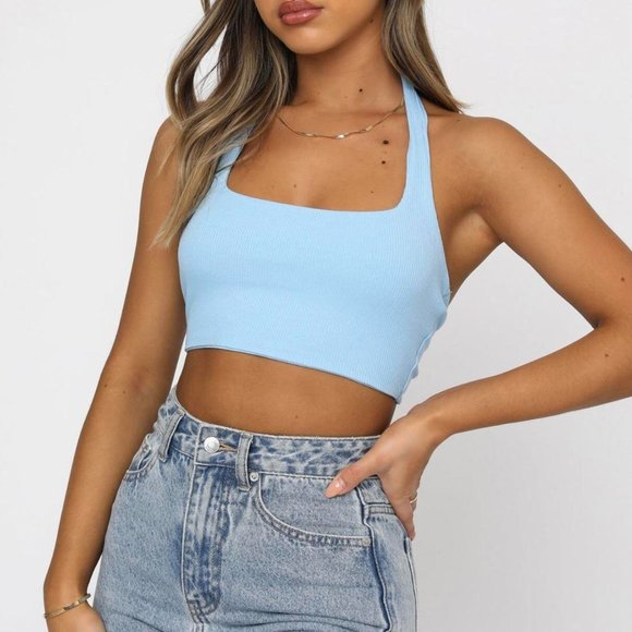 light/baby blue ribbed halterneck cropped tank top with an open twist back - Picture 1 of 4